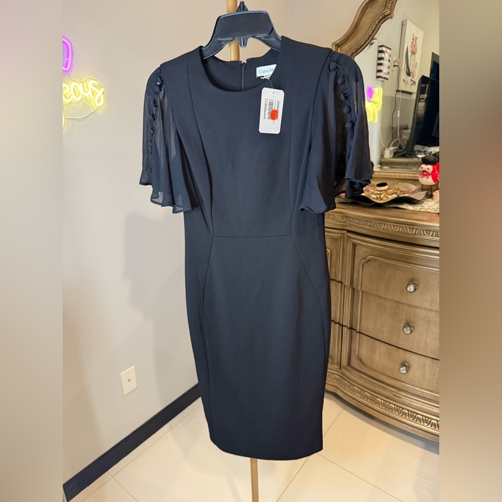 Calvin Klein Blue Midi Sheath Dress with Crew Neck